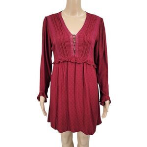 Coco + Jaimeson Maroon Pintuck Lace Detail Long Sleeve Boho Midi Dress